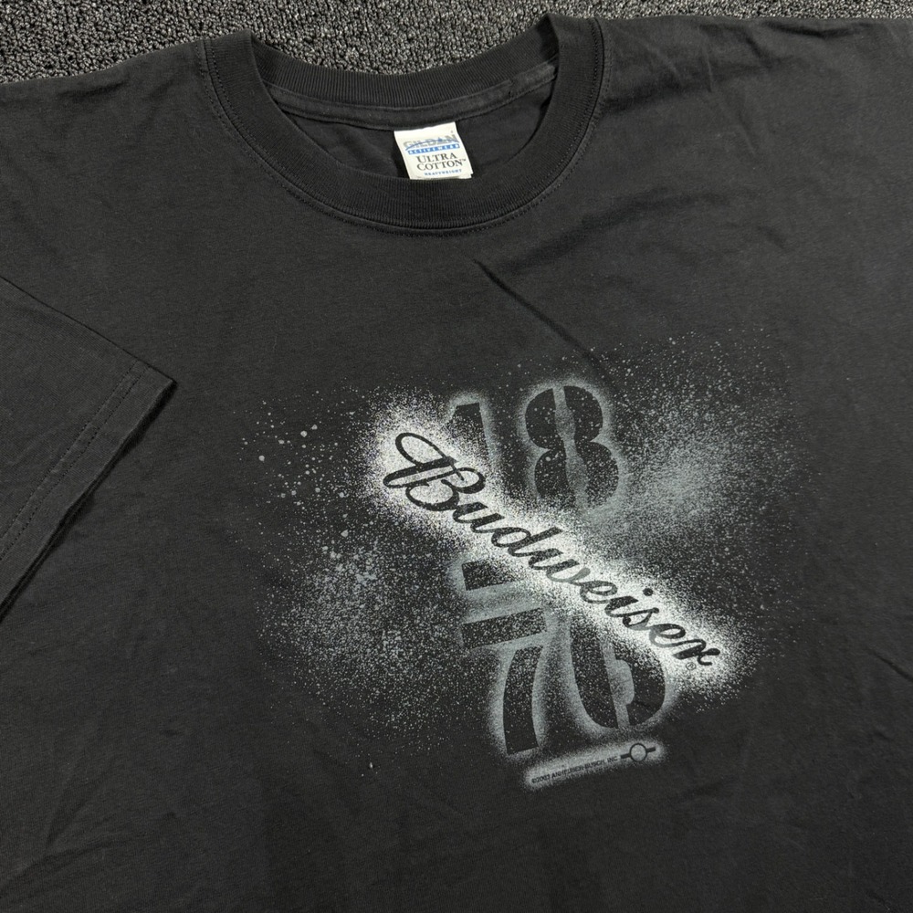 Vintage 2003 Budweiser T Shirt Men's XXL Black Spray Paint Graphic 1876 Beer Y2K